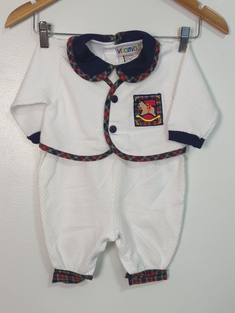 Vintage Vitamins Size 6/9 Months White Quilted Rocking Horse Plaid Trim Romper